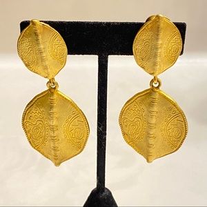 Gold Leaf -Textured Etched Leaf Runway Celestial Boho Costume Clip Earrings